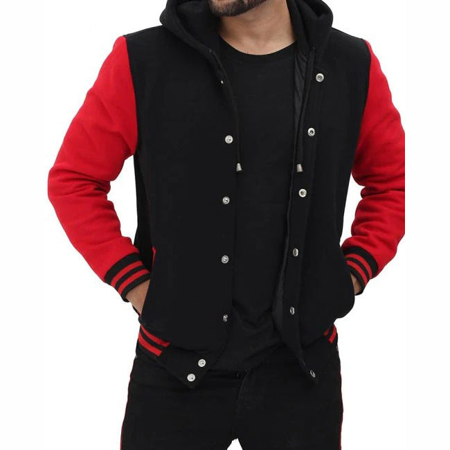 Red And Black Baseball Hooded Varsity Jacket - AMSEL LEATHERS