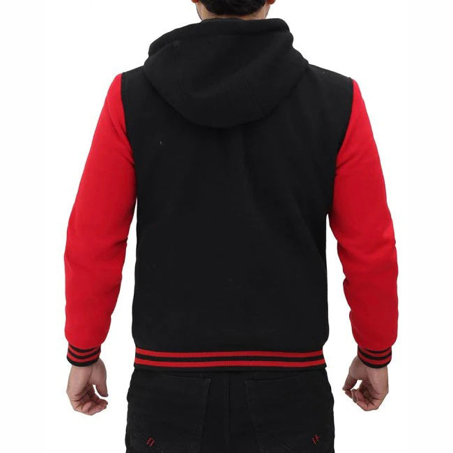 Red And Black Baseball Hooded Varsity Jacket - AMSEL LEATHERS