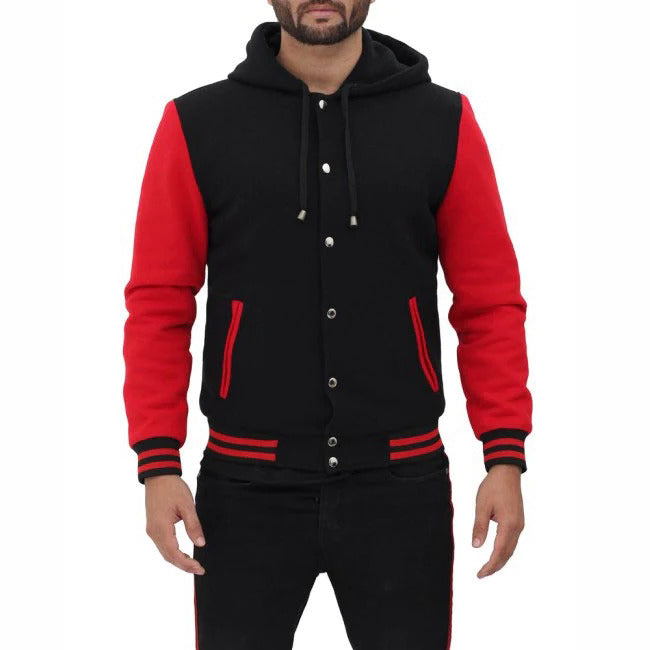 Red And Black Baseball Hooded Varsity Jacket - AMSEL LEATHERS