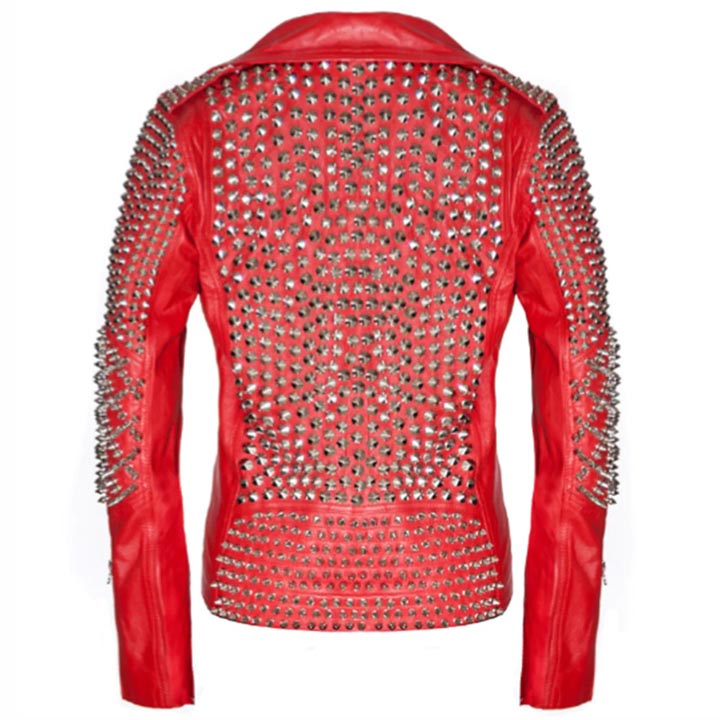 Red Leather Studded Biker Jacket for Women - AMSEL LEATHERS