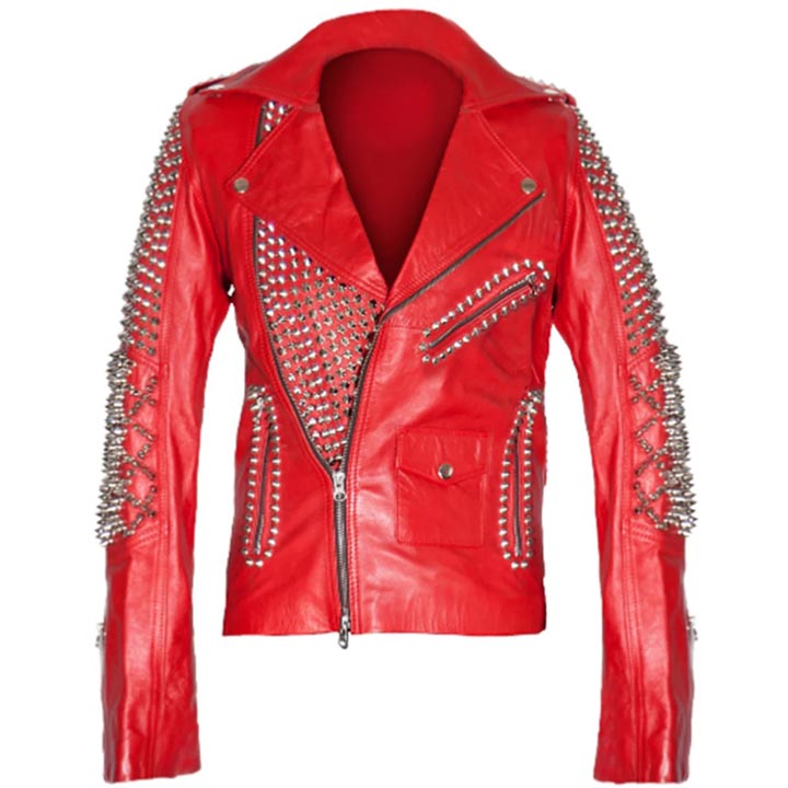 Red Leather Studded Biker Jacket for Women - AMSEL LEATHERS