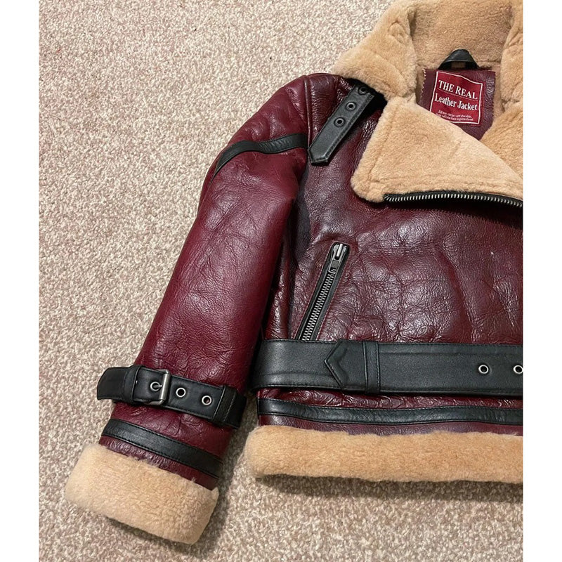 Red-Wine Cropped Style Fur Leather Coat Women - AMSEL LEATHERS