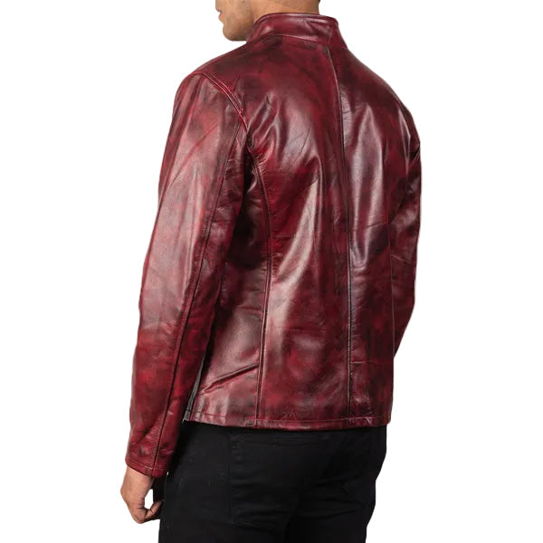 Burgundy leather biker jacket for men with distressed finishback view
