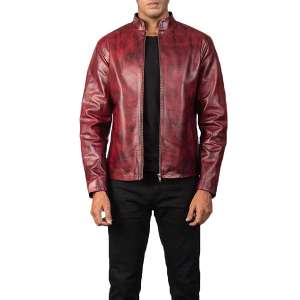 Men’s distressed burgundy leather biker jacket Alex
