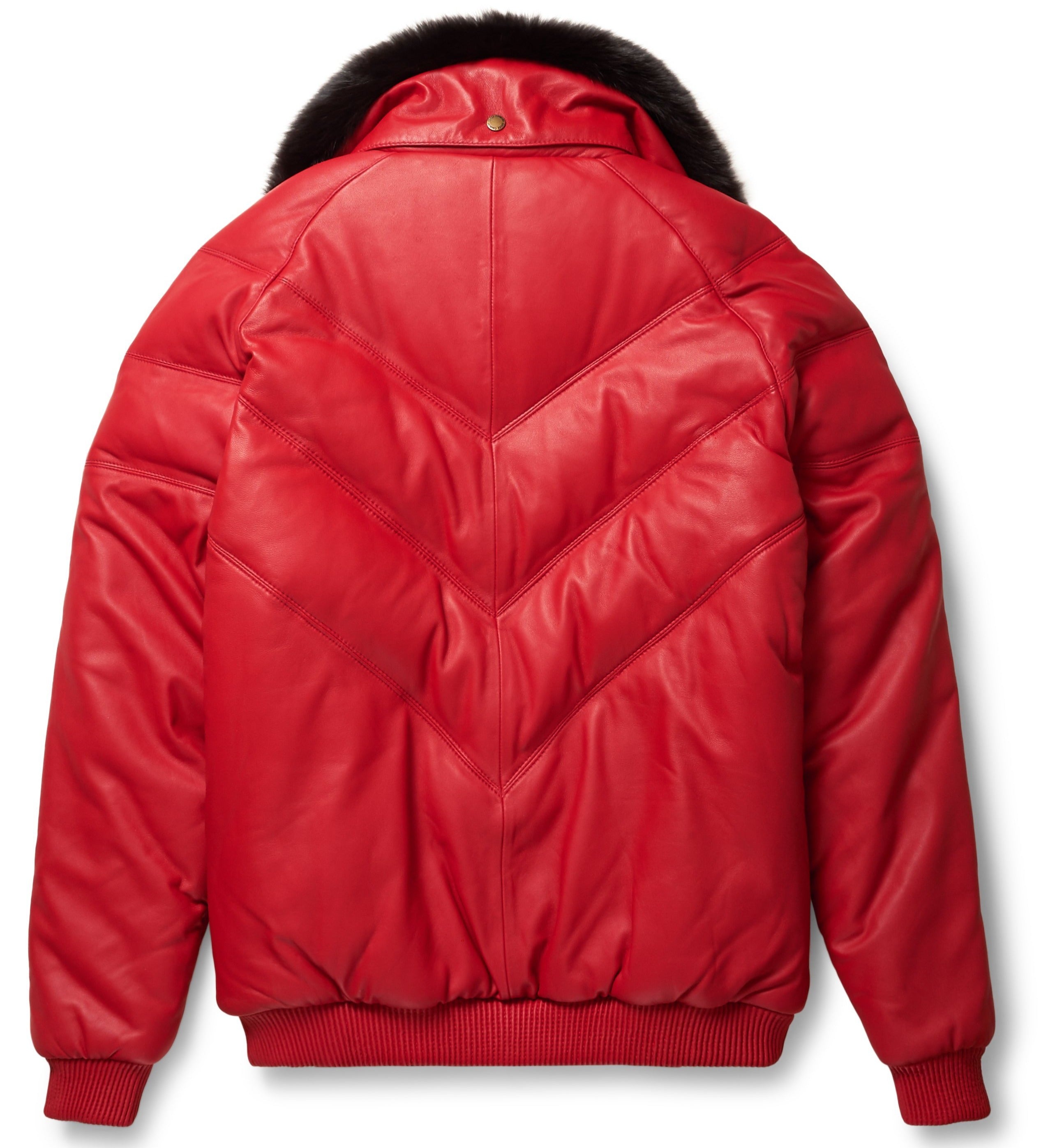 Premium red leather bomber jacket with modern V-bomber look
