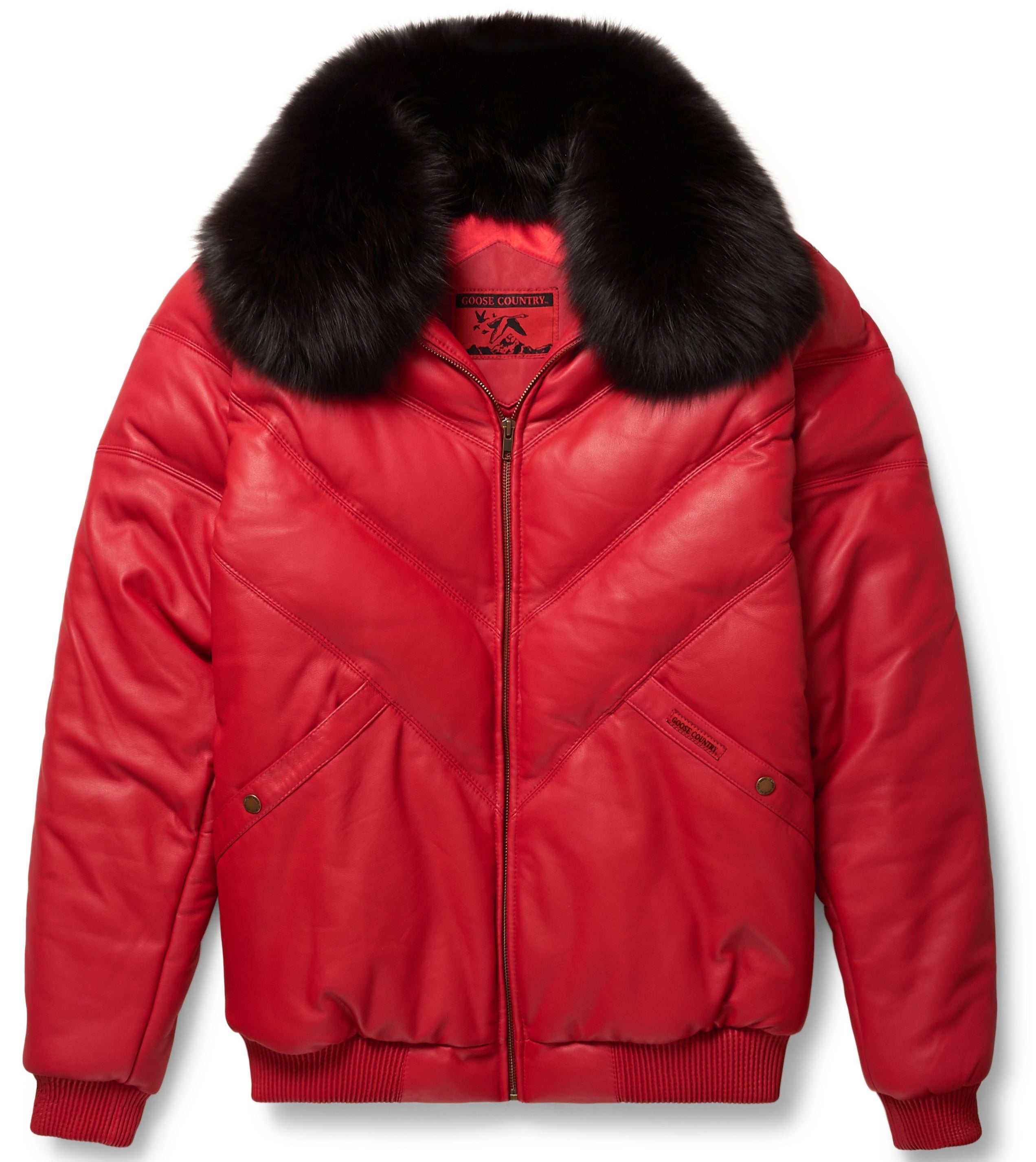 Red leather V-bomber jacket with statement outerwear style
