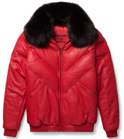 Red leather V-bomber jacket with statement outerwear style

