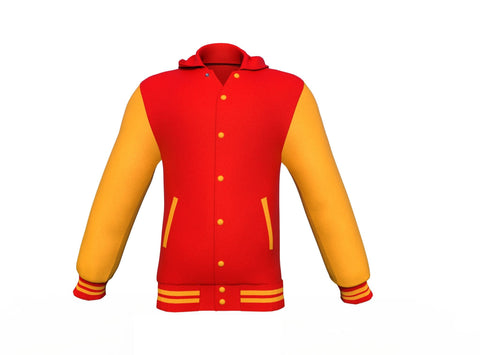 red varsity letterman jacket with leather sleeves ronan detail close up