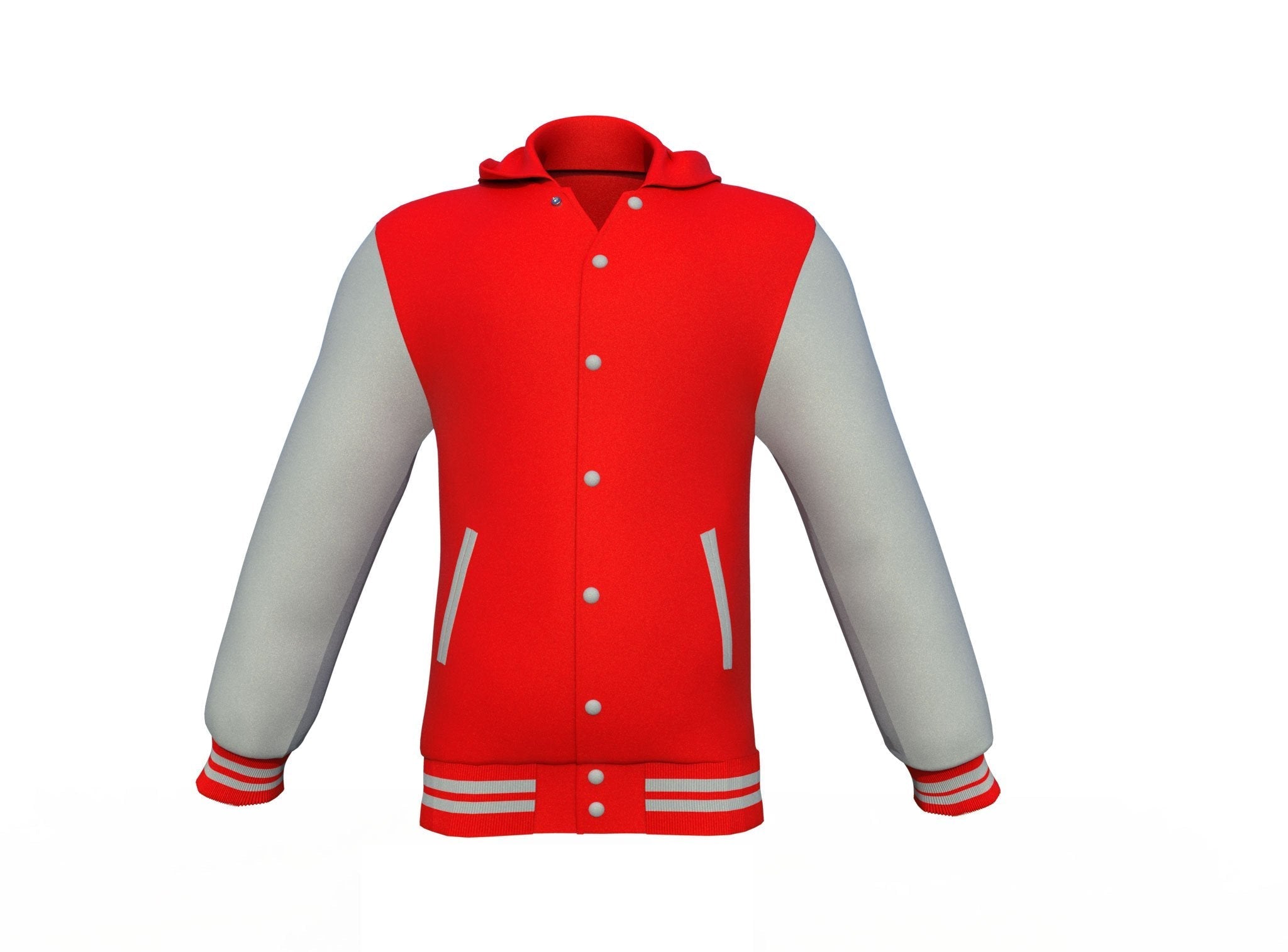 red varsity letterman jacket with leather sleeves alaric detail close up