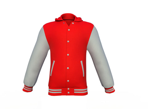 red varsity letterman jacket with leather sleeves alaric detail close up