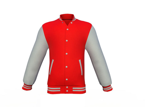 red varsity letterman jacket with leather sleeves alaric detail close up image 13