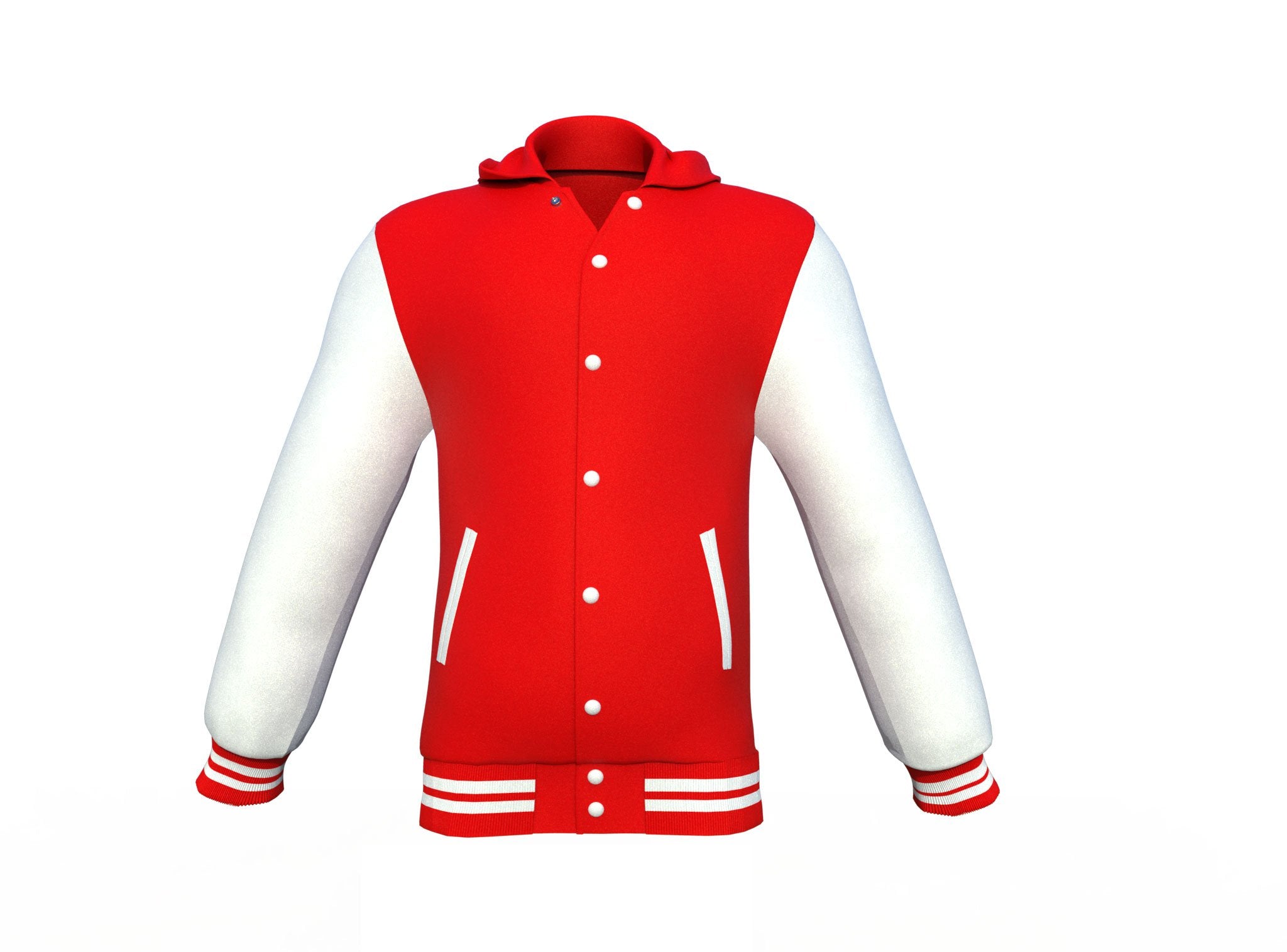 red varsity letterman jacket with leather sleeves marlow detail close up