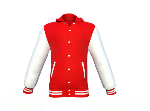 red varsity letterman jacket with leather sleeves marlow detail close up