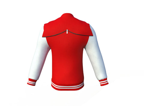 red varsity letterman jacket with leather sleeves marlow pocket detail