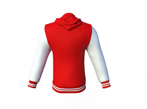 red varsity letterman jacket with leather sleeves marlow collar detail