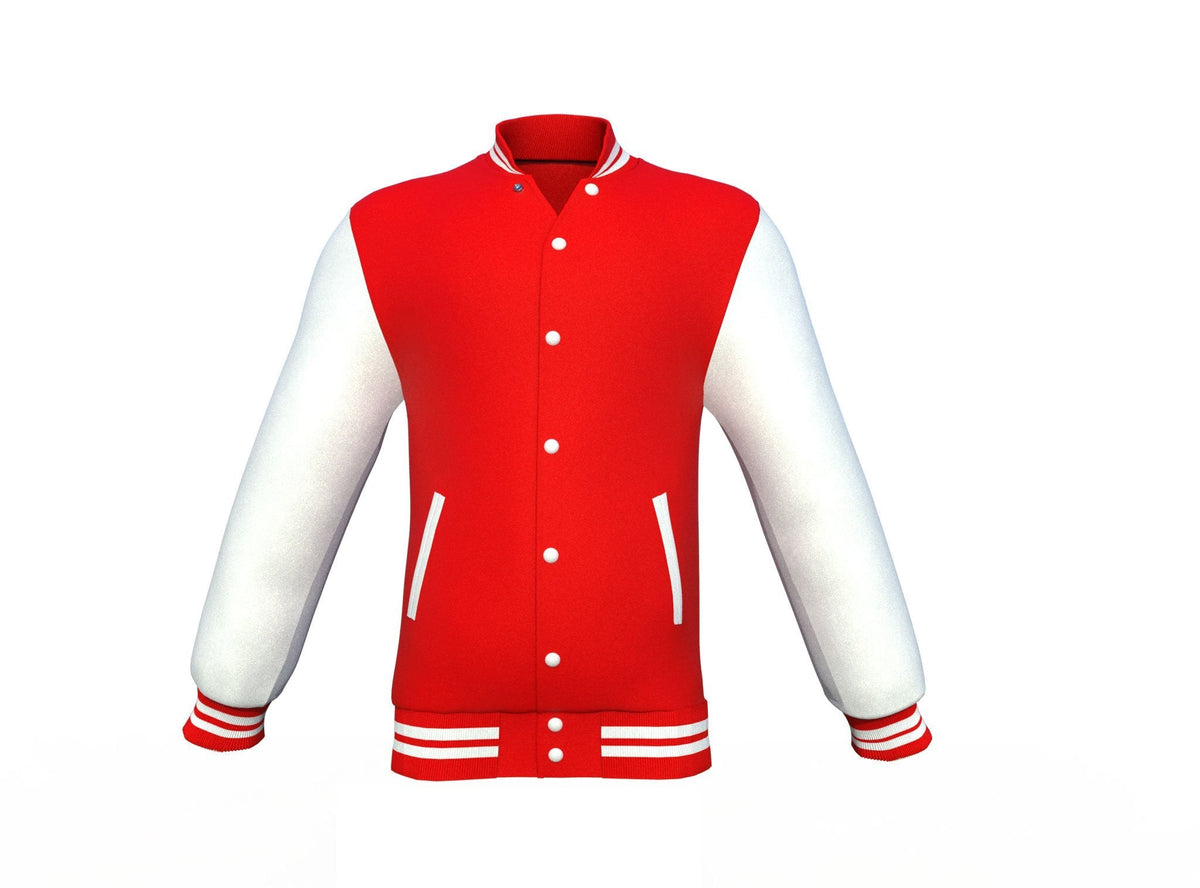 red varsity letterman jacket with leather sleeves marlow detail close up image 13