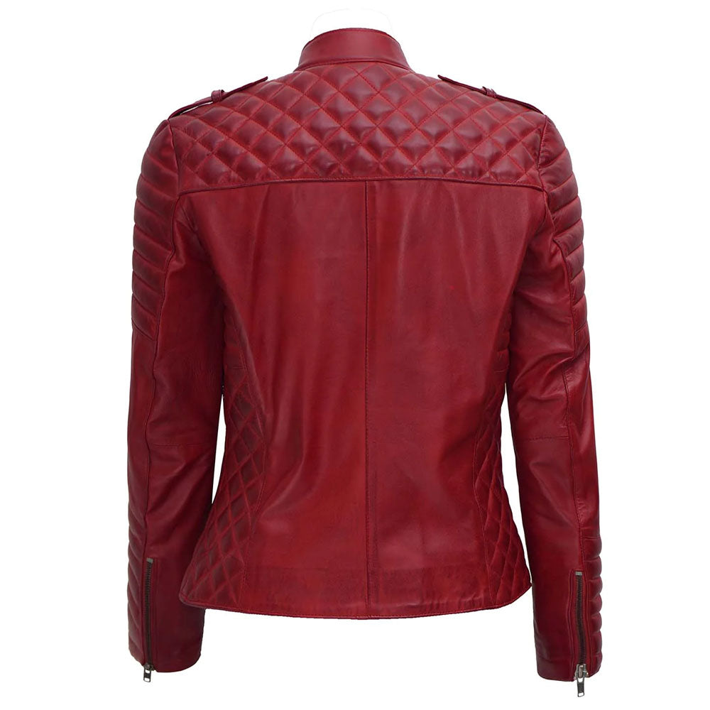 Red leather biker jacket for women with premium outerwear look
