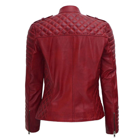 Red leather biker jacket for women with premium outerwear look
