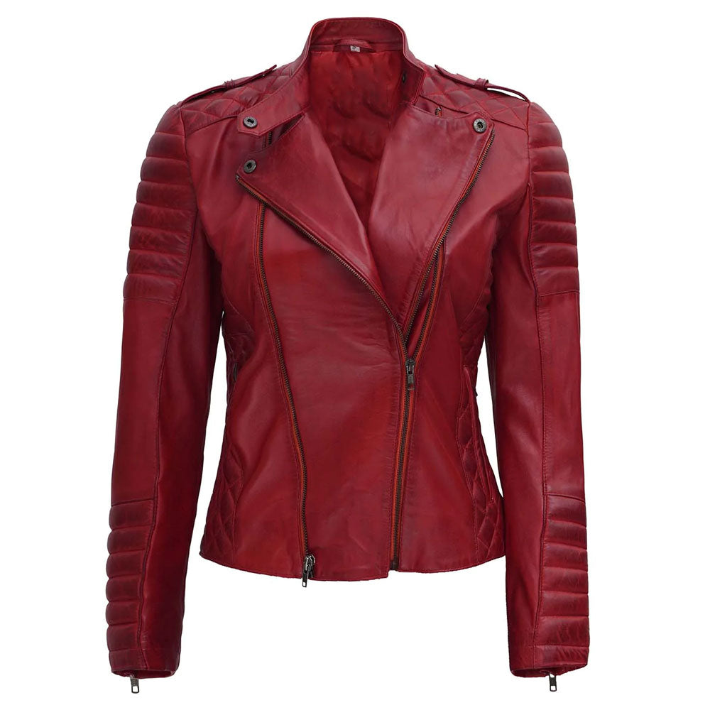 Women’s red leather motorcycle jacket with biker style
