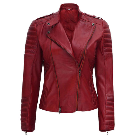 Women’s red leather motorcycle jacket with biker style
