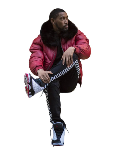 Red leather bomber jacket with removable black fur collar
