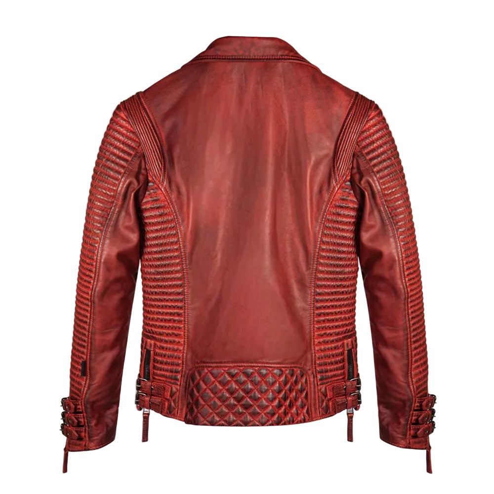 Red sheepskin biker jacket with gunmetal hardware
