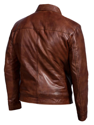men’s brown faux leather jacket side angle