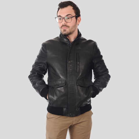 Black leather bomber jacket for men with premium everyday style
