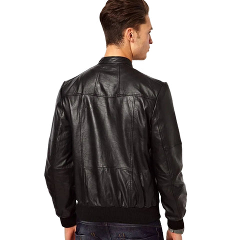 Black leather bomber jacket for men with classic everyday style
