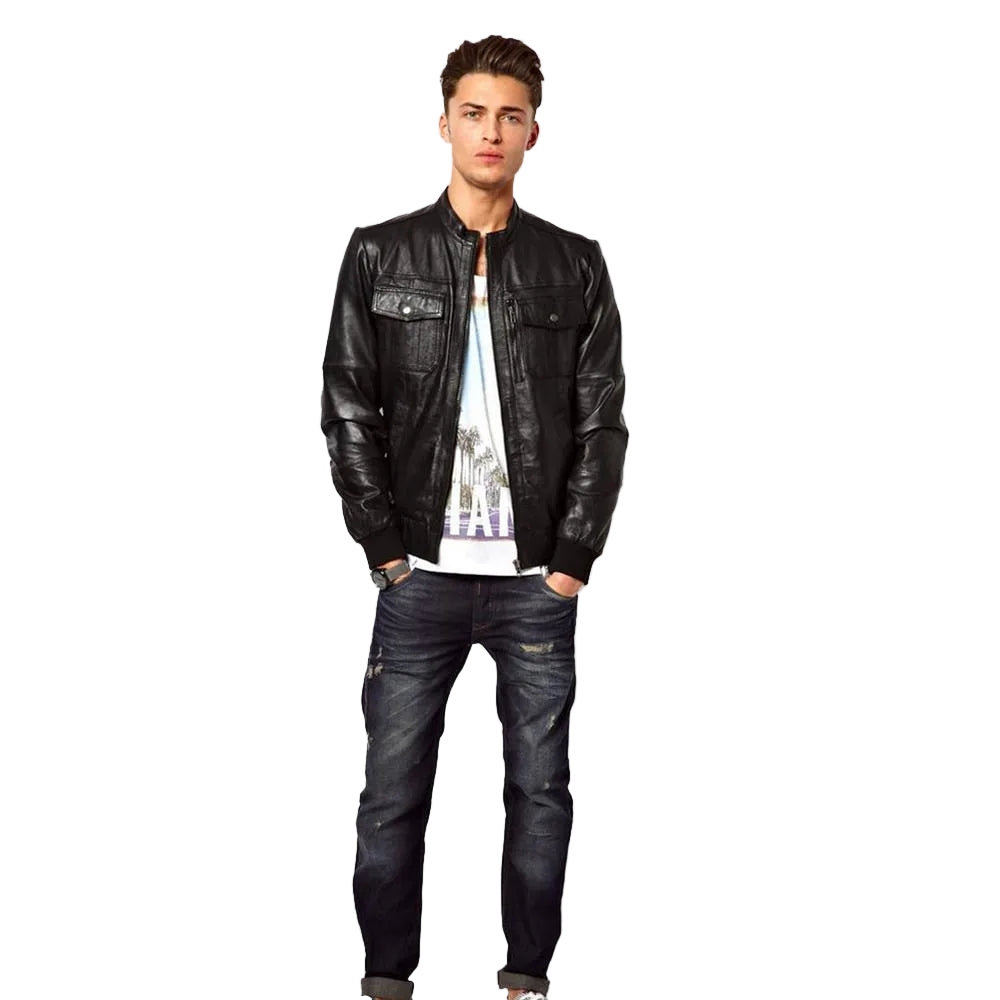Men’s premium leather jacket in clean black bomber design