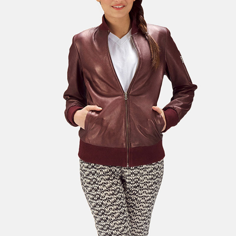 women's maroon leather bomber jacket noelle front view