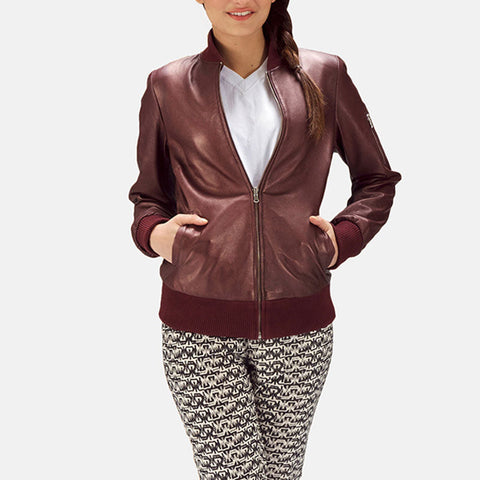 women's maroon leather bomber jacket noelle front view