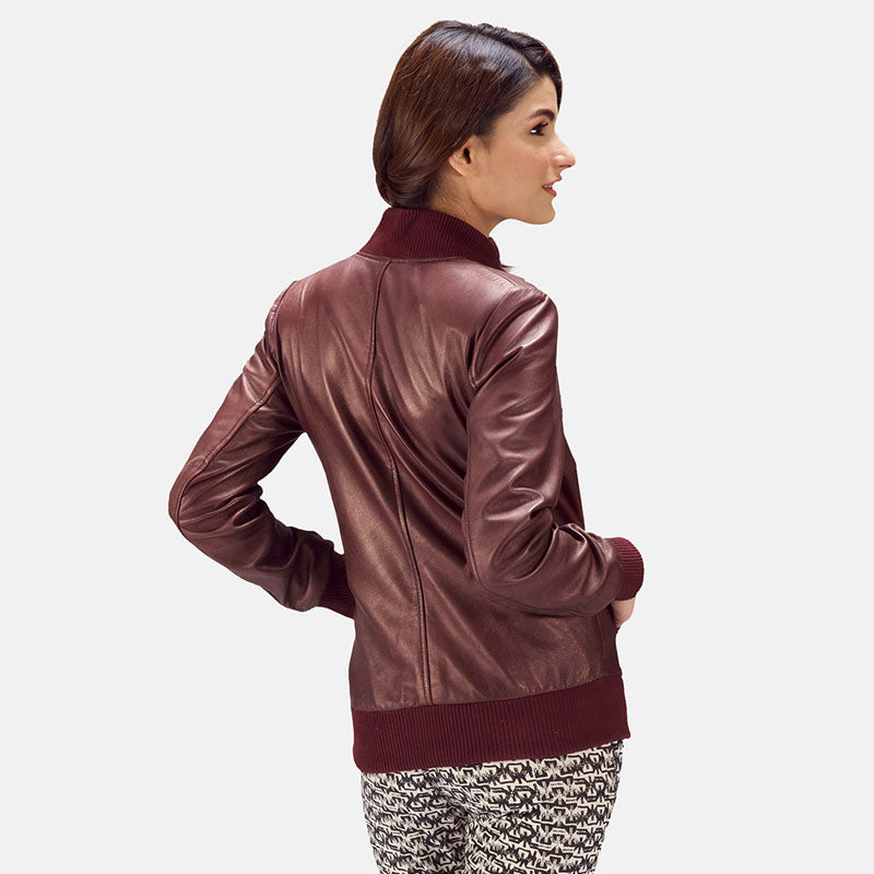women's maroon leather bomber jacket noelle side angle