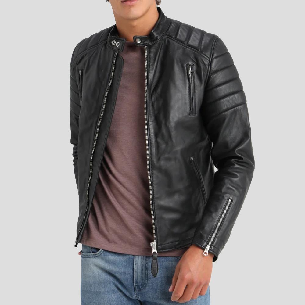 men's black quilted lambskin leather biker jacket marek front view