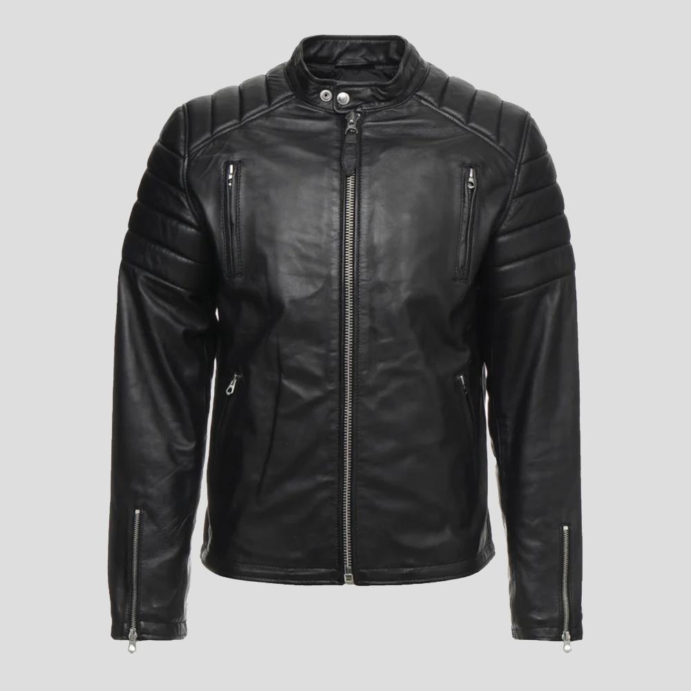 men's black quilted lambskin leather biker jacket marek side angle