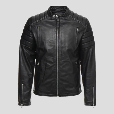 men's black quilted lambskin leather biker jacket marek side angle