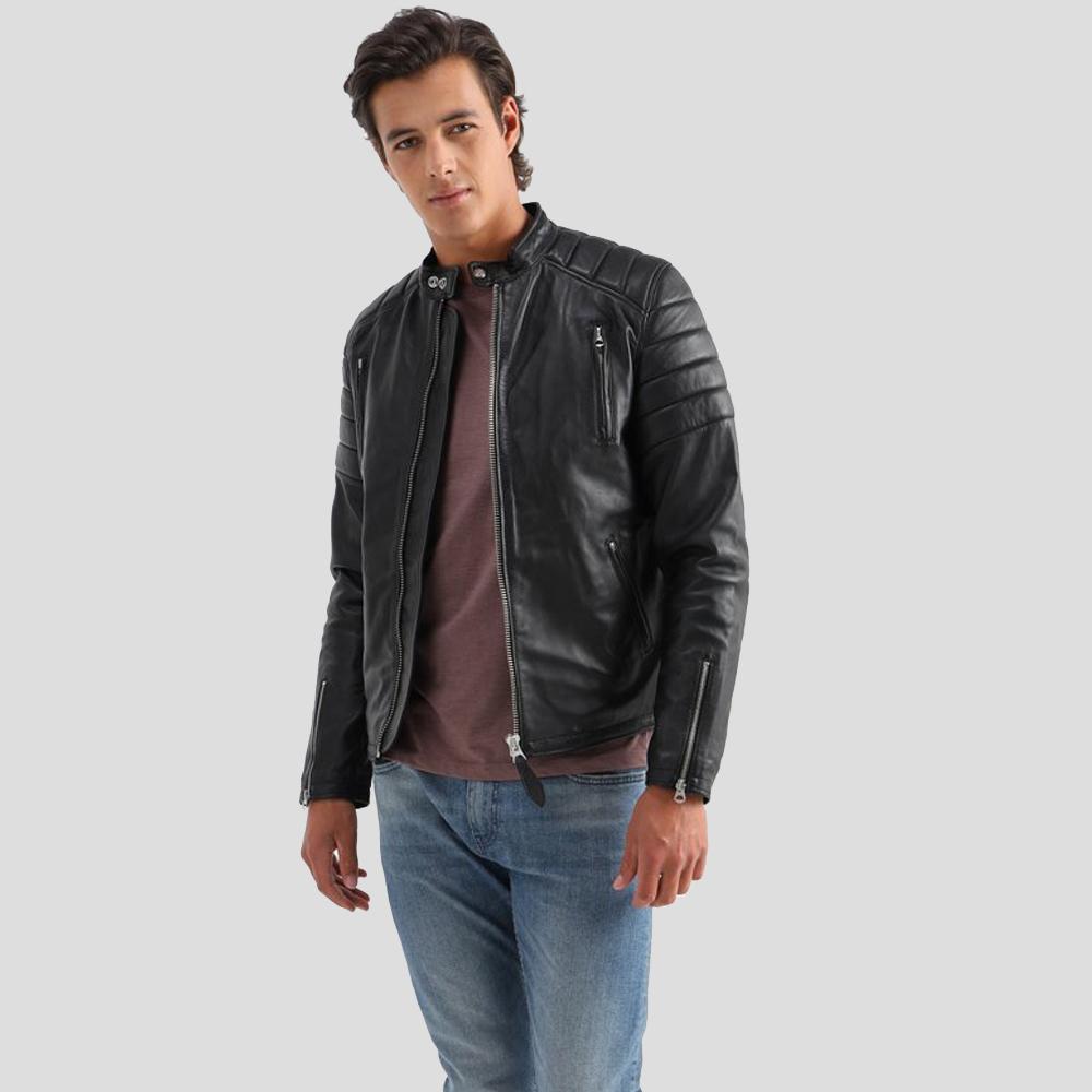 men's black quilted lambskin leather biker jacket marek back view