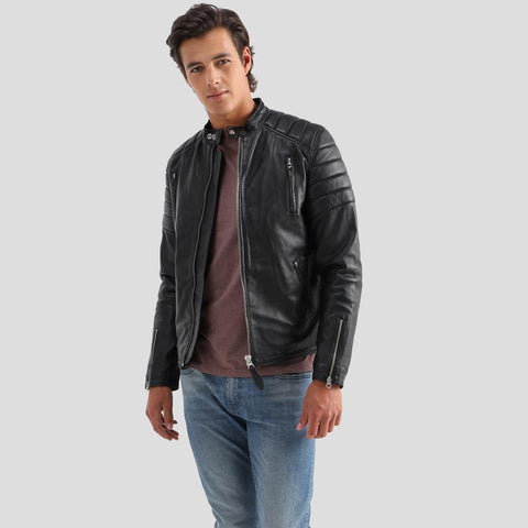 men's black quilted lambskin leather biker jacket marek back view