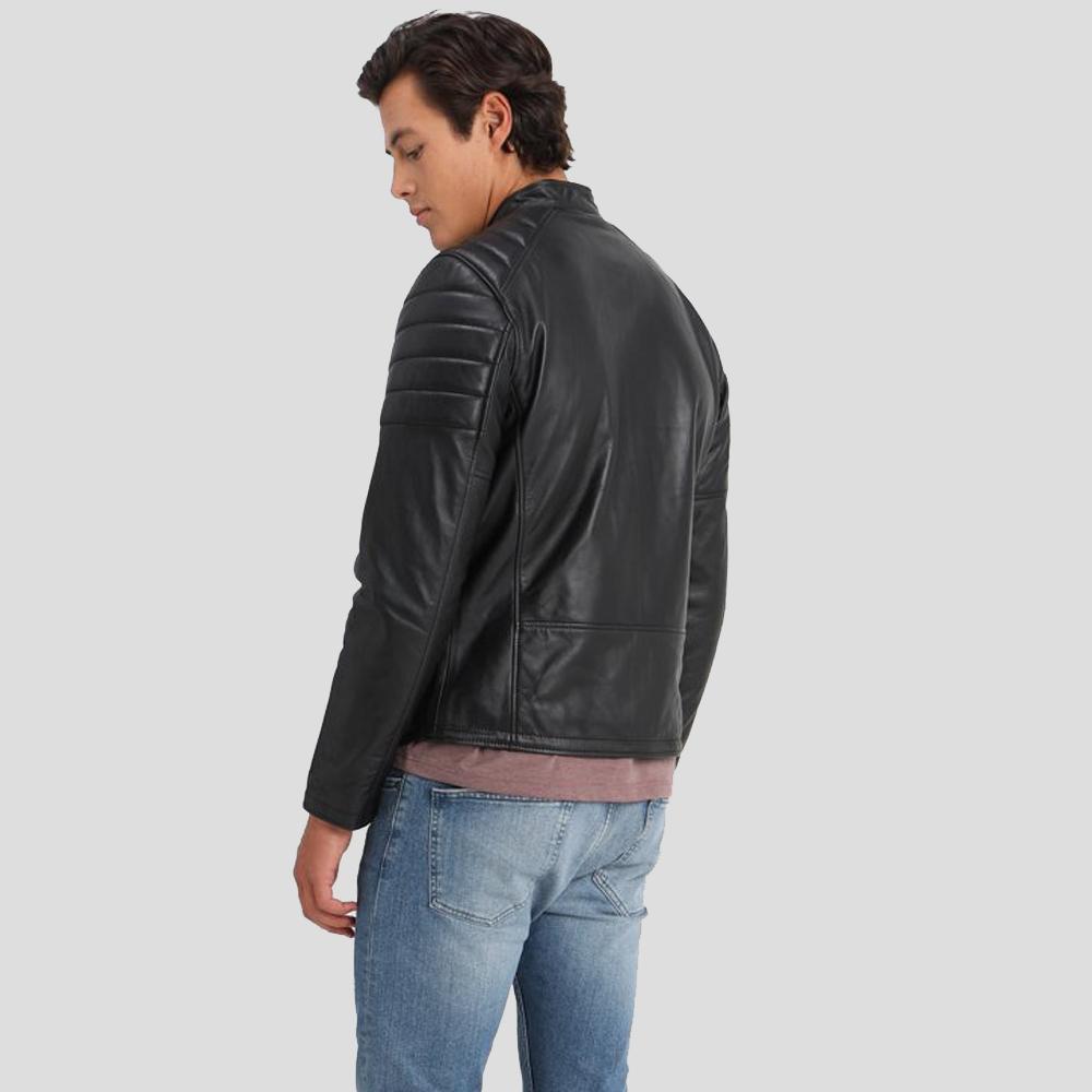 men's black quilted lambskin leather biker jacket marek detail close up