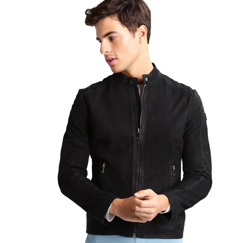 Rey Black Suede Leather Racer Jacket
