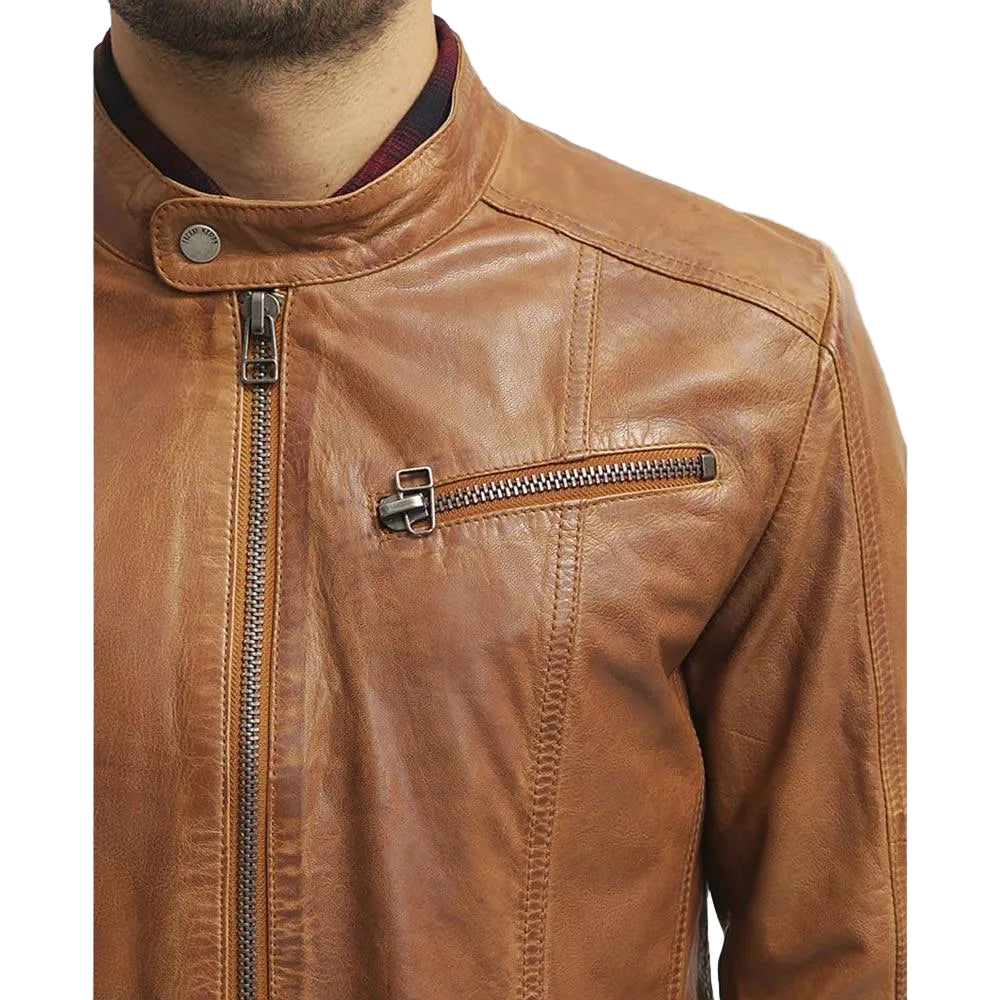 men's brown quilted lambskin leather racer jacket soren side angle