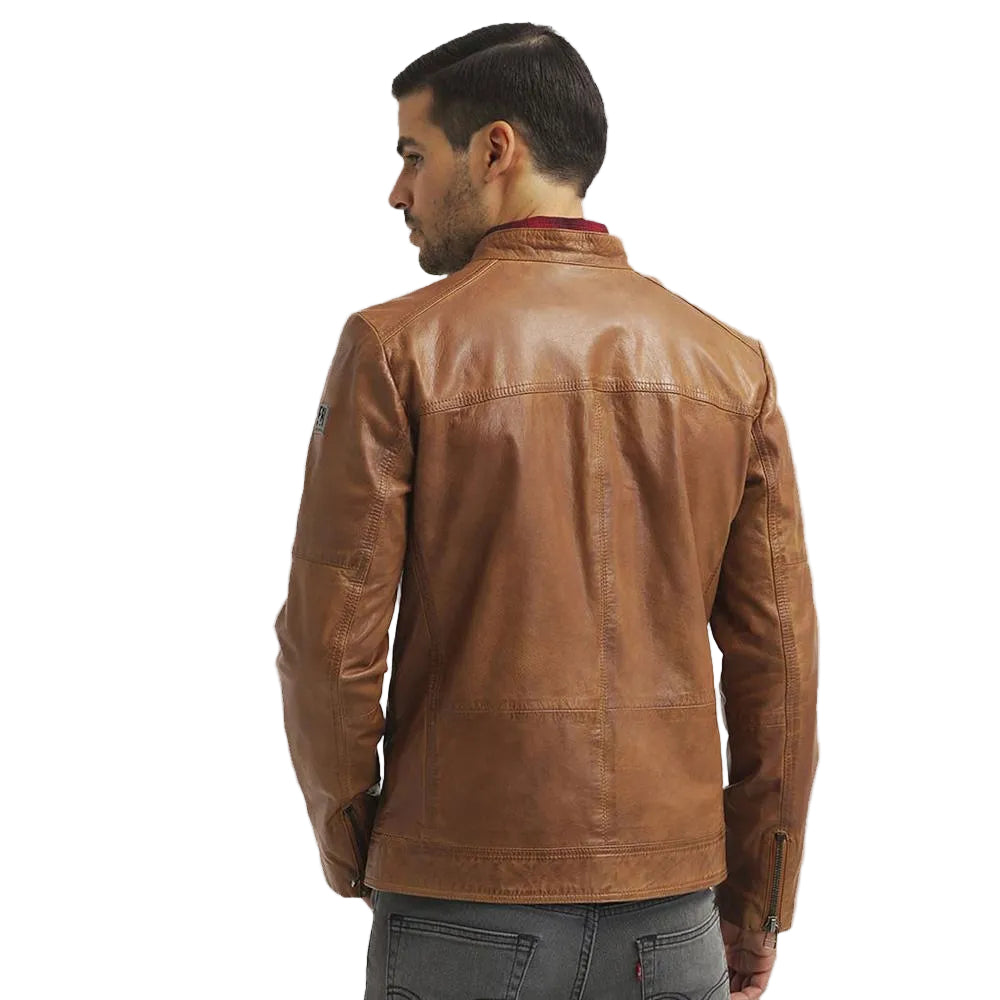 men's brown quilted lambskin leather racer jacket soren detail close up