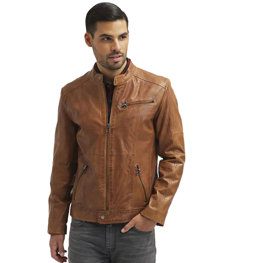 men's brown quilted lambskin leather racer jacket soren front view