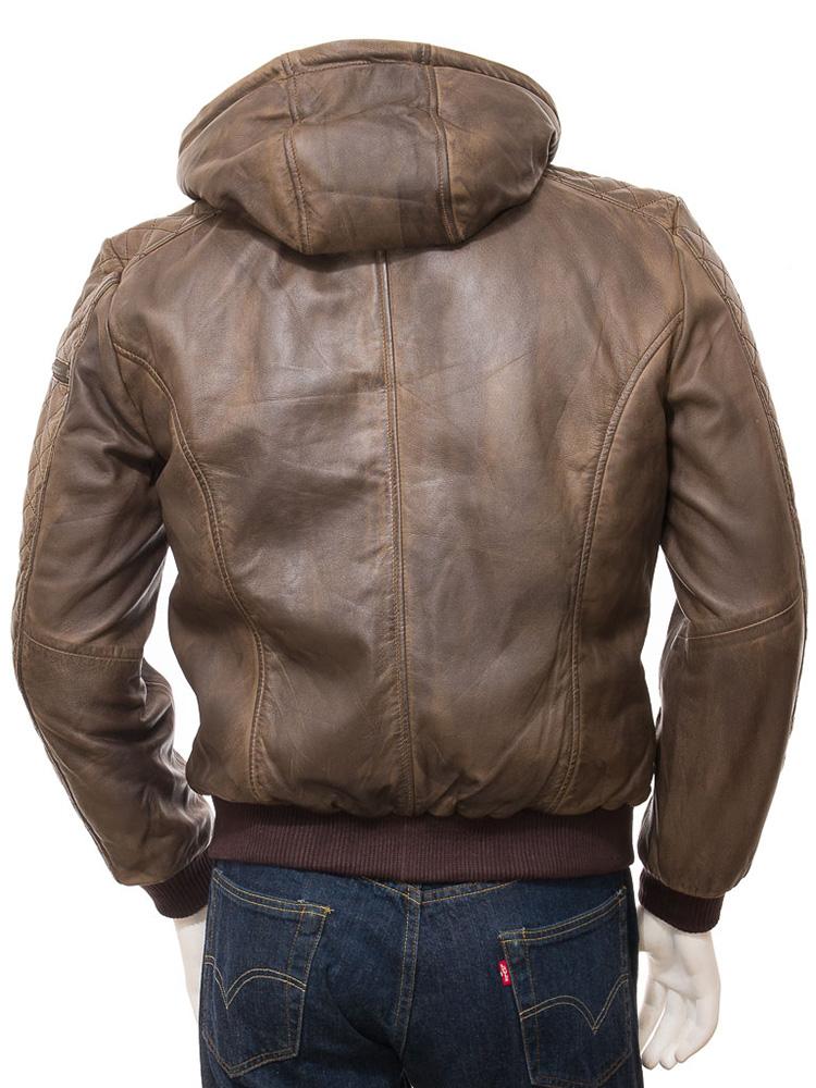 men's brown hooded lambskin leather leather jacket cassian texture detail