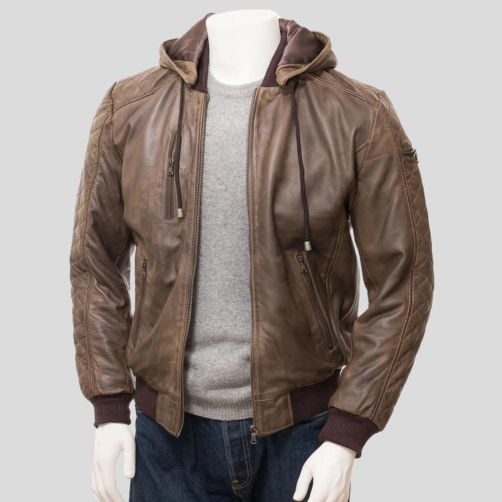 men's brown hooded lambskin leather leather jacket cassian front view