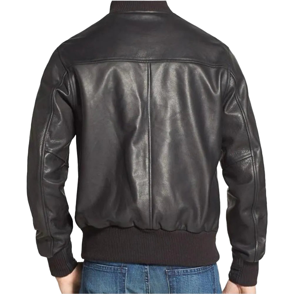 Black leather bomber jacket for men with premium casual style
