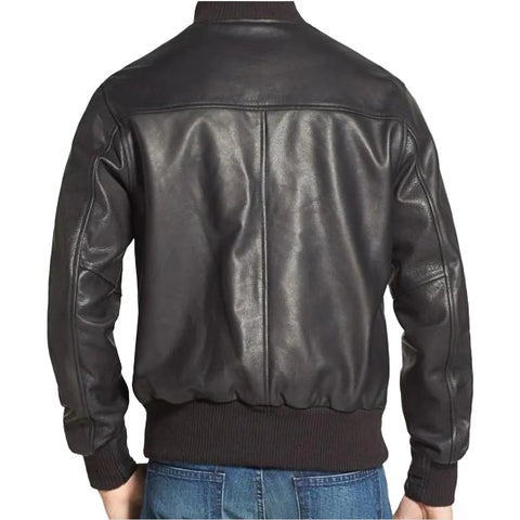 Black leather bomber jacket for men with premium casual style
