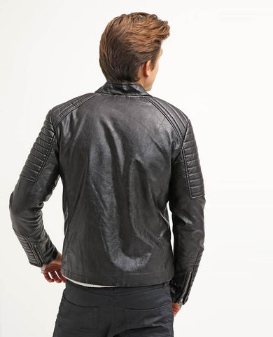 men's black quilted lambskin leather leather jacket soren back view