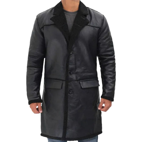 Men’s black shearling style leather trench coat Rockville