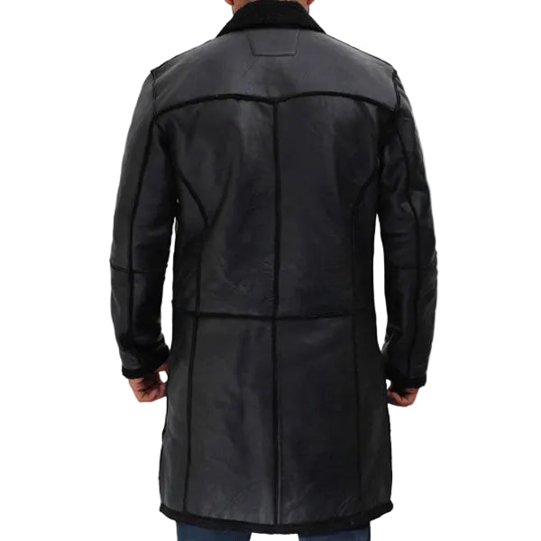 Black winter leather trench coat for men with shearling style look